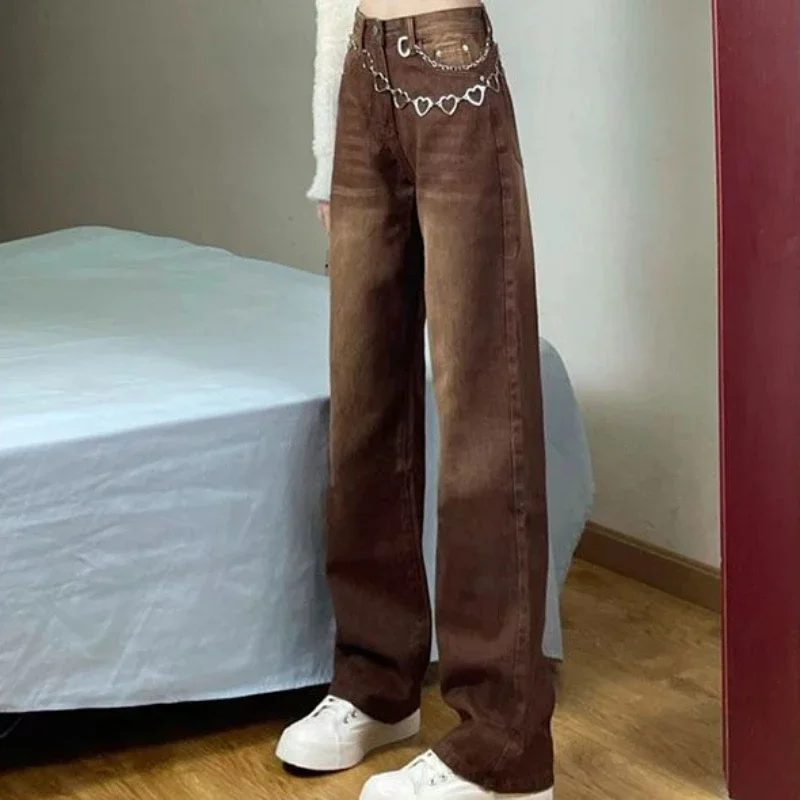 Women's Jeans High Waist Shot Pants for Woman Straight Leg Brown Trousers with Pockets Retro 2025 Korean Style Quality Vibrant A