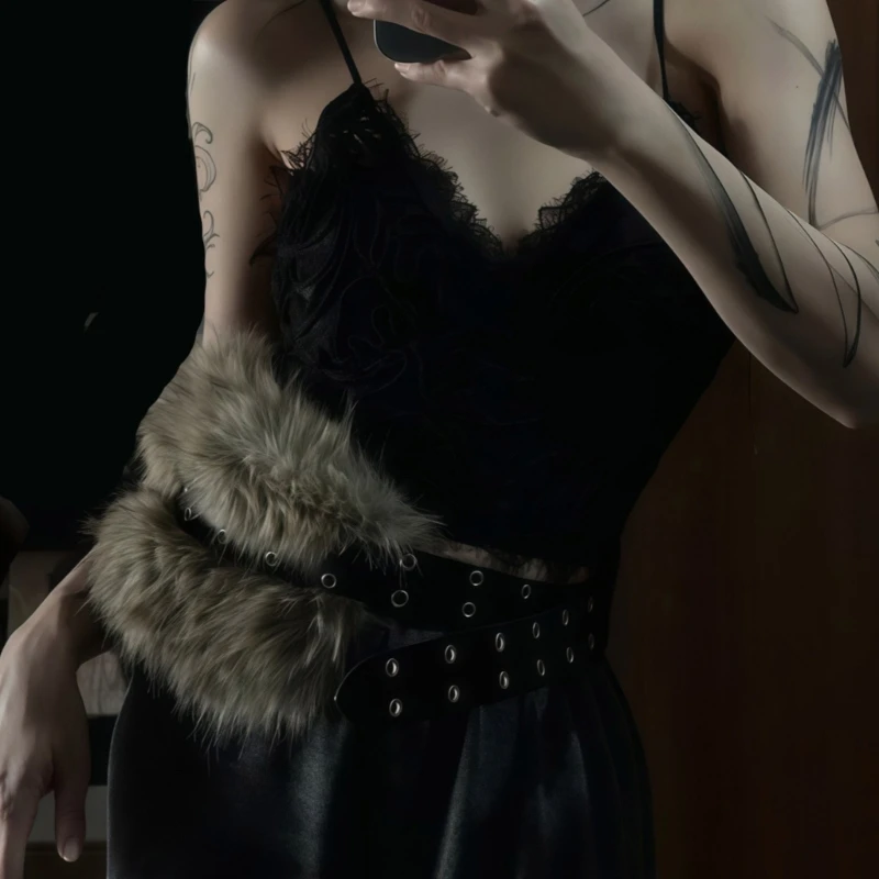 R1we Punk Rock Faux Tox Tiver With Plux Furry Accent Decorative Strap Band Café / Black Edgy 90s Fashion Bijoux