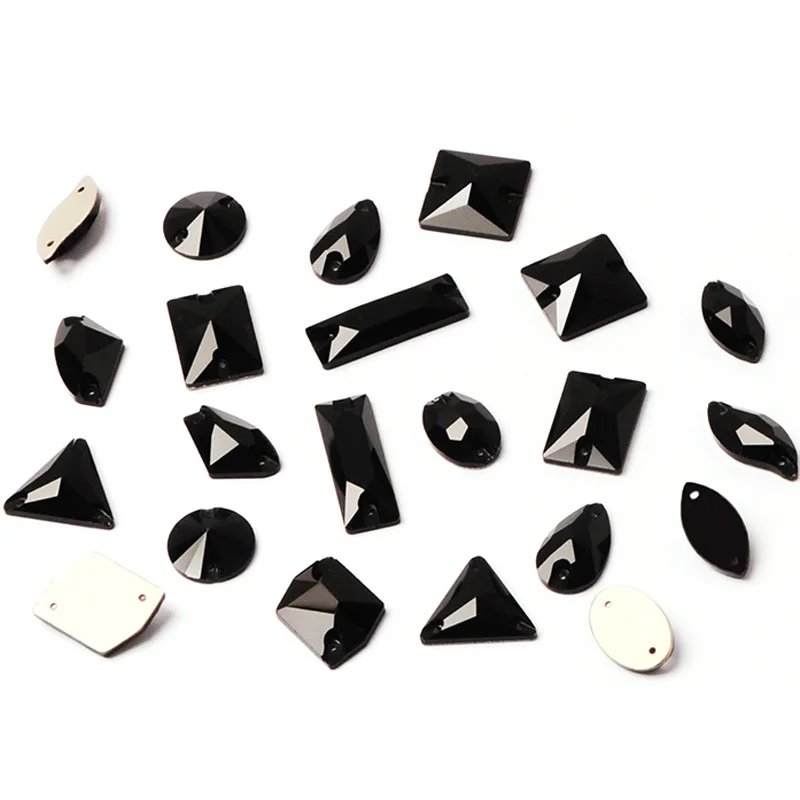 Jet Black Glass Crystal Sew On Stone Drop Round Rectangle Square Mix Shape Sewing Rhinestones For Garment Clothing bags