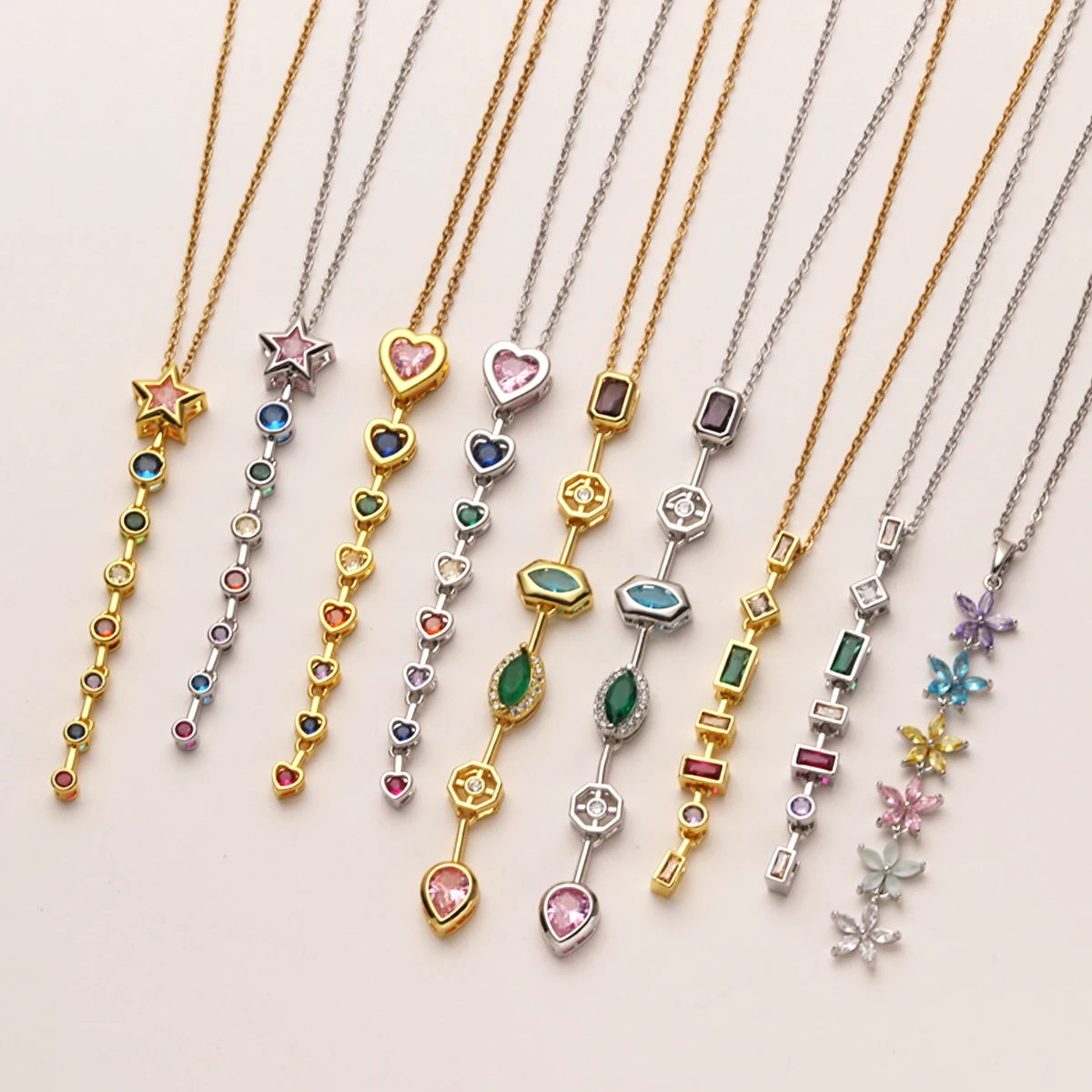 Vintage Geometric Colorful Zircon Long Pendant Necklace for Women Gold Plated Stainless Steel Collar Necklaces Jewelry Gifts