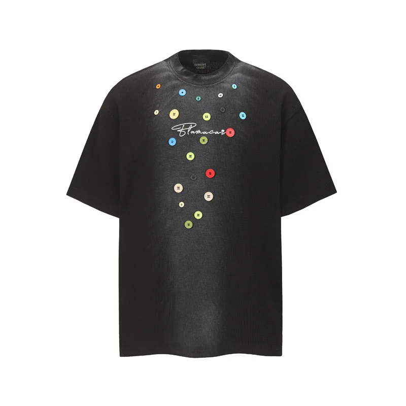 Men's Oversized Vibe Style Hip Hop T Shirt With Buttons Fashion High Streetwear Loose Fit Y2K Tees Summer Short Sleeve Tops