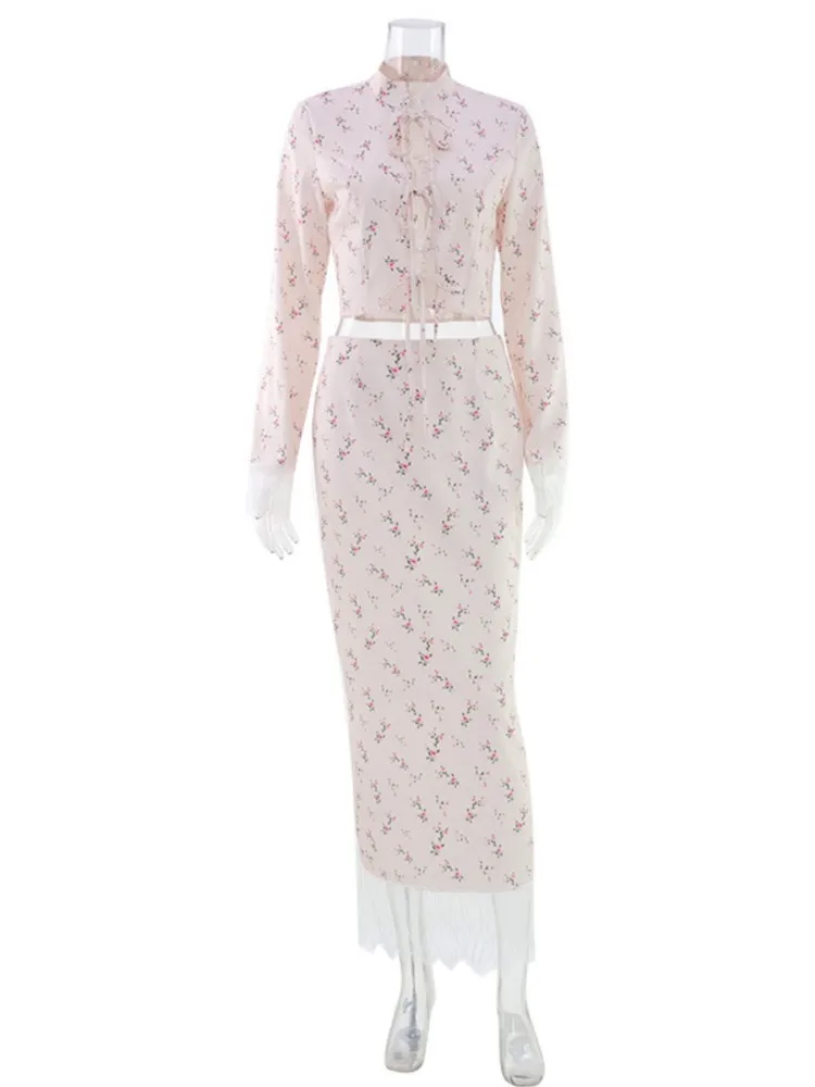 

2026 Woman 2 Piece Set Outfit Retro Sexy Elegant Long Sleeve Tops Floral Printed And Skirt Two Piece Outfits Contrast Trendy