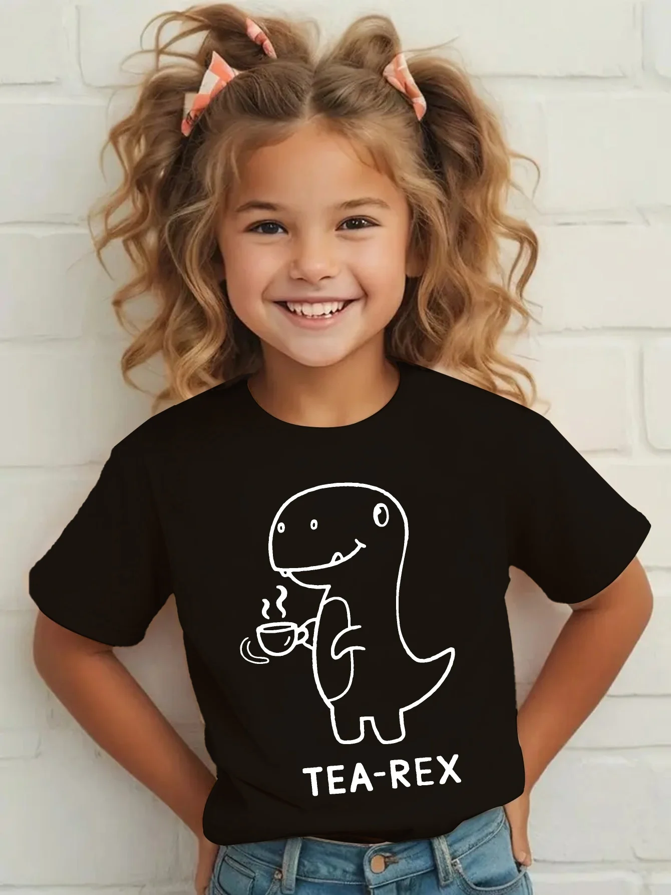 Boys Girls Family Matching Tee Simple Dinosaur Teacup Slogan Art Print Short Sleeve Soft Cotton Kids Daily Outdoor Outfit