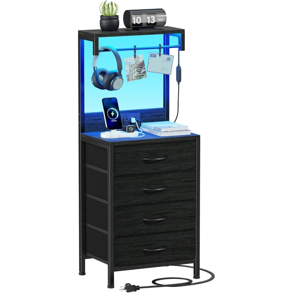 

Высокая тумбочка с зарядной станцией, светодиодной подсветкой и 4 тканевыми ящиками для хранения в спальне