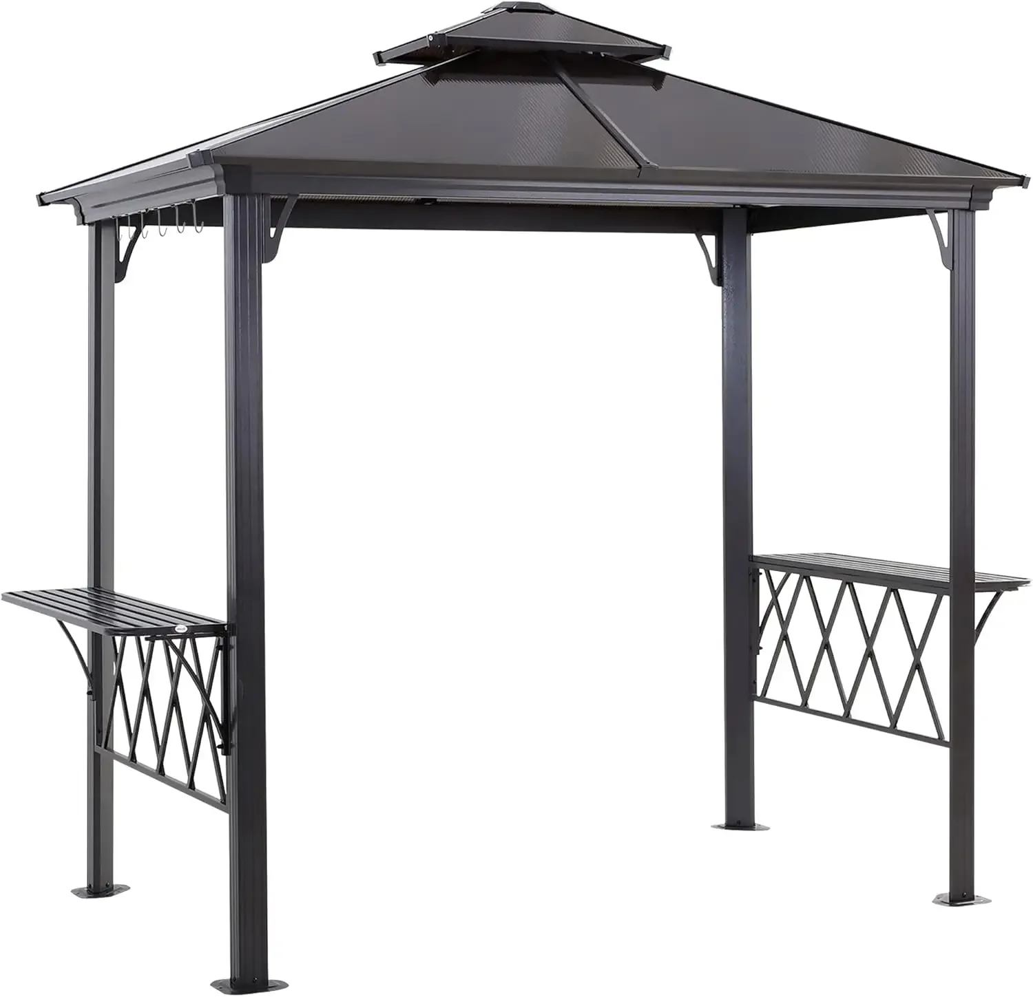 9' x 5' Grill Gazebo, Hardtop BBQ Gazebo Canopy with 2-Tier Polycarbonate Roof, Shelves Serving Tables and Hooks