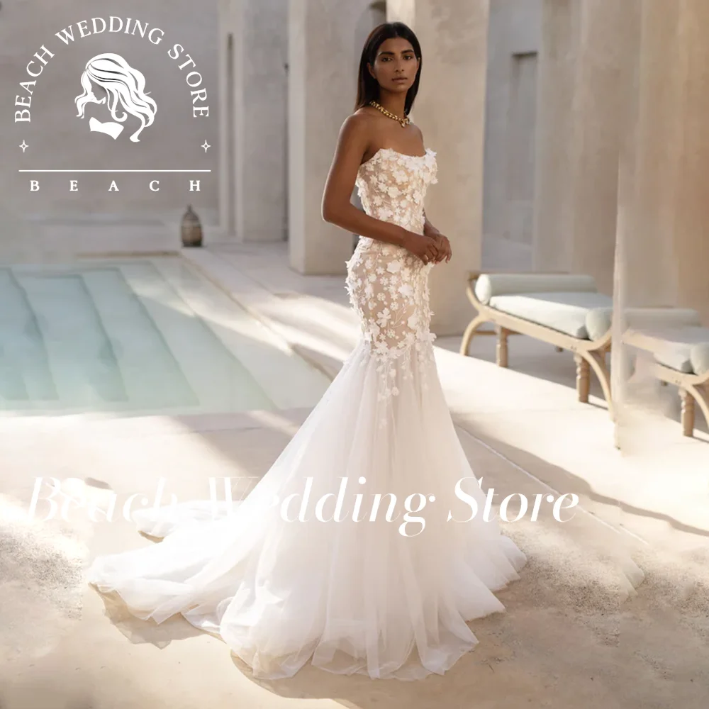 

Пляжные без бретелек без рукавов, простые кружевные платья с открытой спиной, тюлевые свадебные платья с аппликацией русалки, 2025 элегантные платья Vestidos De Novia по индивидуальному заказу