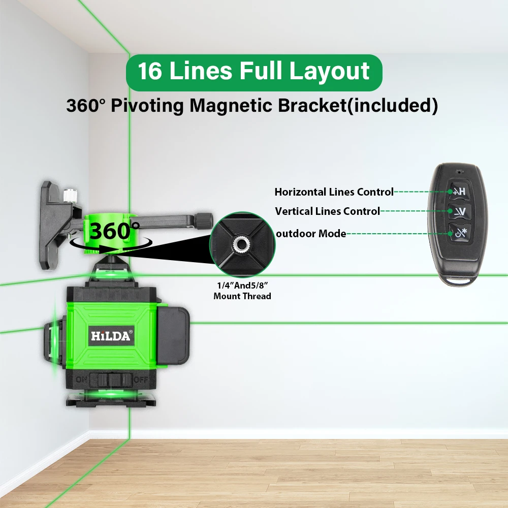 HILDA 4D 16 خط مستوى ليزر صغير أفقي عمودي عبر ليزر التسوية الذاتية أفضل أداة قياس الضوء الأخضر القابلة لإعادة الشحن