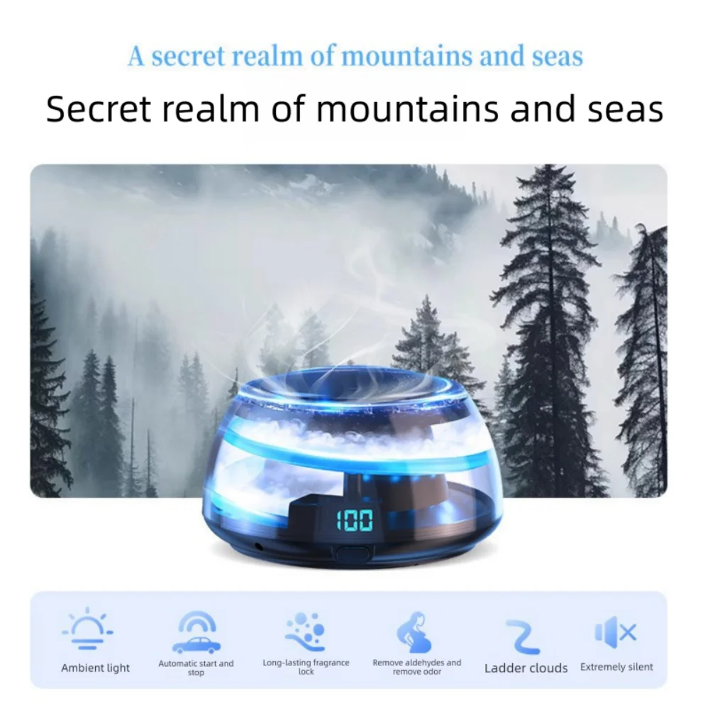 

Rechargeable Auto Air Freshener Snow Mountain For Smart Car Fragrance Diffuser with Adjustable Ambient Lighting