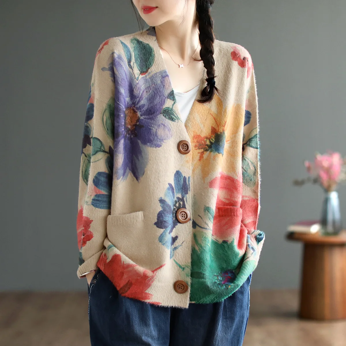 Autumn Winter Vintage Print Women Knitwear Contrast Color Patchwork Literary Versatile Casual V-Neck Loose Female Cardigan Tops