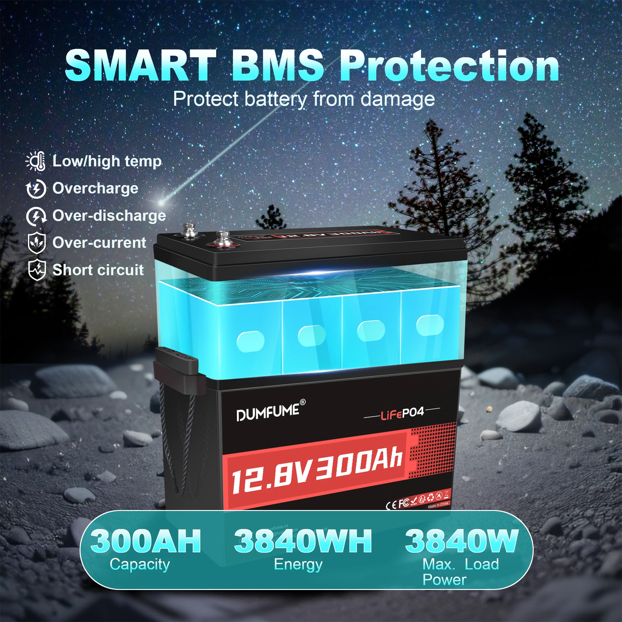 Dumfume – batterie Lithium LiFePO4 12V, 300ah, avec sortie 200a BMS 3840W, parfaite pour le stockage d'énergie solaire, alimentation de secours domestique RV