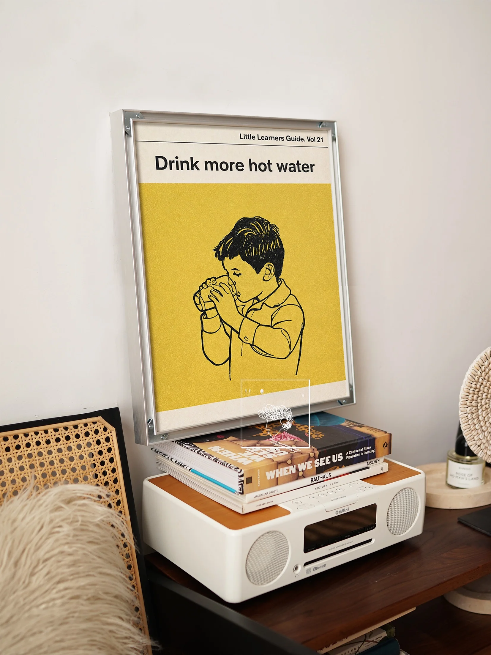 

WGALLERY Modern Decorative Painting Retro Sle 'Drink More Hot Water' Illustration Small Design Metal Framed Artwork