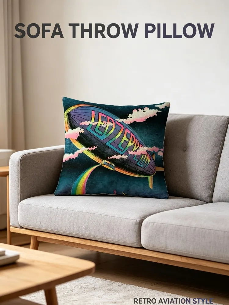 Led Zeppelin Rock Band Airship Print Peach Skin Throw Pillow Covers, Vintage Retro Mothership Blimp Square Cushion Cases, Soft P