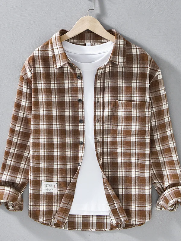 

Men's Long Sleeve Shirt Cotton Flannel Plaid Casual Style Retro Trendy Autumn New Arrival Outerwear Coat Youth Loose Fit