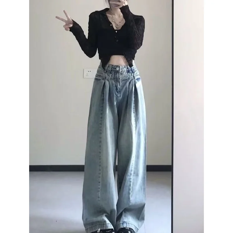 ヴィンテージアメリカンハイウエストワイドレッグジーンズ女性用洋梨型痩身ストレートルーズドレープ足首丈パンツロングパンツ