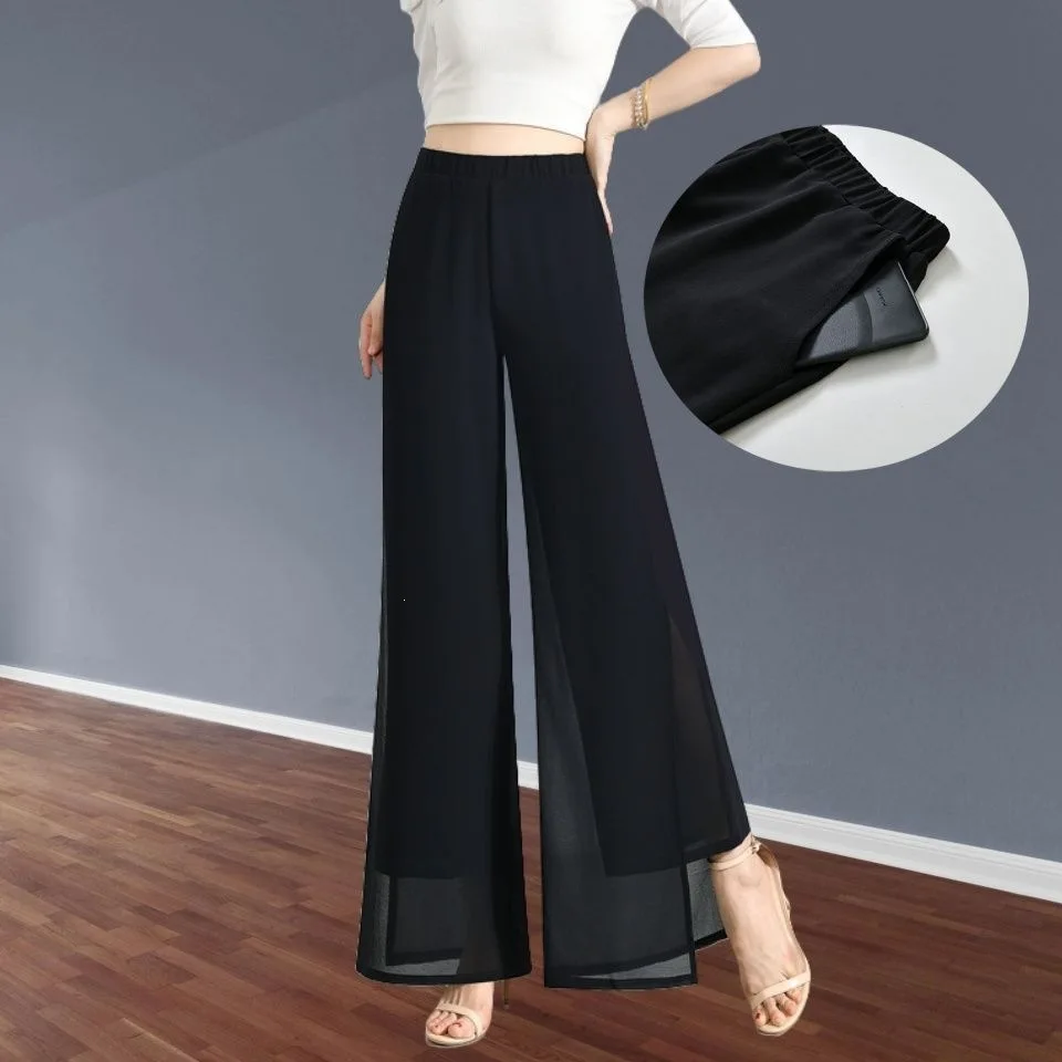 High Waist Wide Leg Pants Women's Summer New Style Chiffon Drapey Slimming Split Loose Thin Pants Versatile Casual Trousers