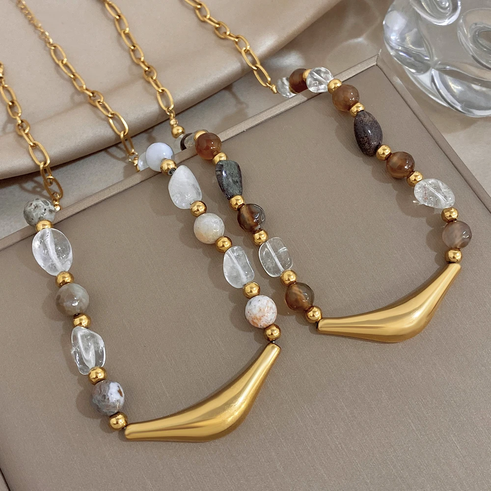 AENSOA Irregular Natural Stone Beaded Necklace Gold Plated Stainless Steel Curved Horn Pendant Non-Fading Necklaces For Women