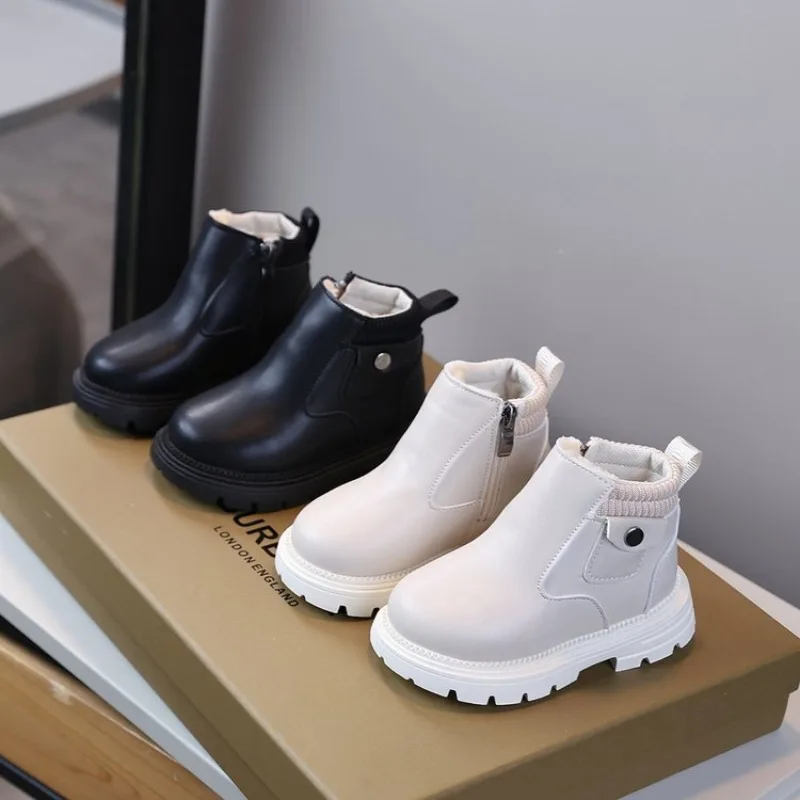2026 Kids Leather Chelsea Boots Waterproof Children Sneakers Beige Black Toddler Snow Boots Girl Winter Shoe Boy