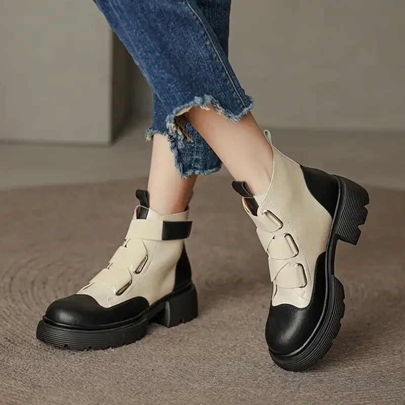 Short Shoes for Women Black Booties Waterproof Footwear Combat Female Ankle Boots Punk Style Elegant with Medium Heels Hot Chic