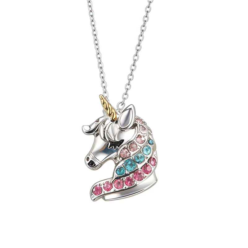 Colored Rhinestone Unicorn Necklace Cartoon Horse Pendant Necklaces For Girls Boys Children Jewelry Gifts