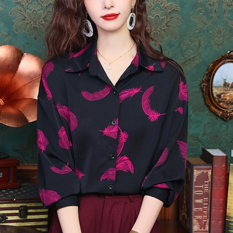 

Temperament Casual Polo Collar New Summer Women's Commuting Printed Long Sleeved Loose Single Row Multi Button Chiffon Shirt Top