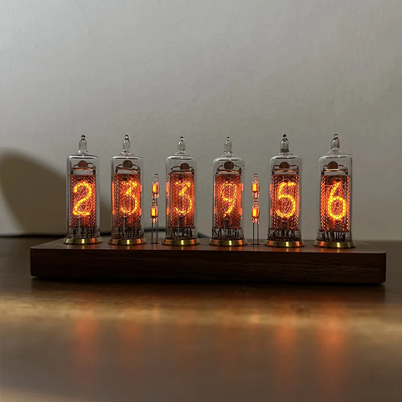 IN16 Nixie Tube Clock Retro Digital Display with Black Walnut Base Touch Sensitive Switch for Desk Office Decoration Nice Gifts