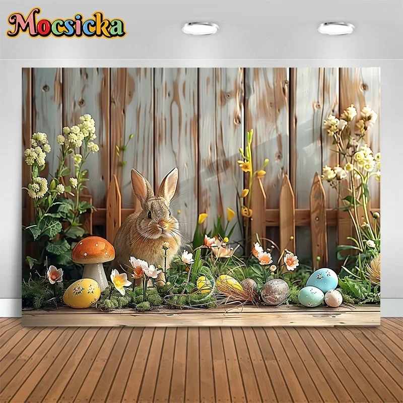 Mocsicka Spring Easter Party Photography Backdrop Happy Birthday Boardwalk Bunny Background Cake Smash Photo Banner Studio Props