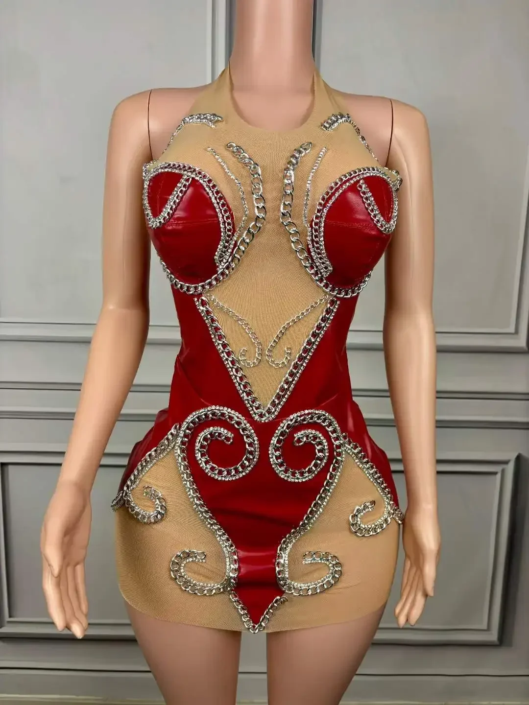 

Women Leather Red Stretch Mesh Belly Dancing Queen Short Backless Dress Goddess Senior Pageant Las Vegas Show 2025 New Year