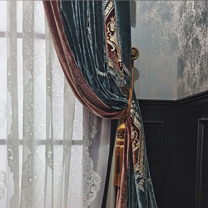 Custom Upscale European velvet living room floor bay window dark green cloth valance blackout curtain tulle drape C2048