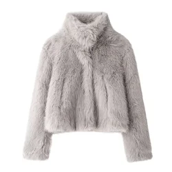 New autumn and winter fashion casual women's clothing loose and versatile solid color faux fur effect short coat