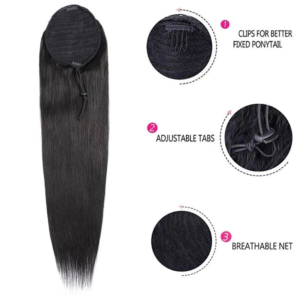 Extensões retas do cabelo humano com grampo para mulheres, rabo de cavalo do cordão, cor natural, 10 "-26", 100g, 1 PC