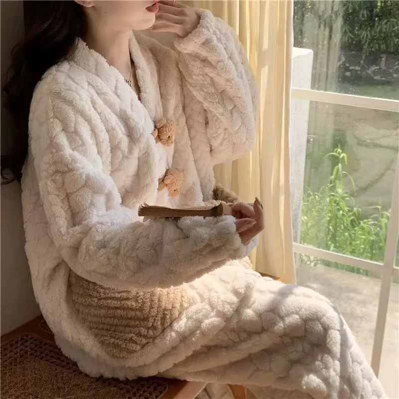 Double Bag Three-dimensional Button Bear Pajamas Women's Autumn and Winter Fleece Thickened Warm Coral Fleece Loungewear Set