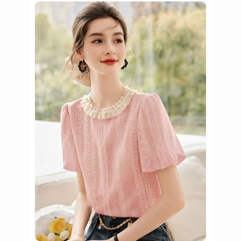 

Women Summer Simplicity Contrasting Colors Embroidered O-neck Short Sleeve Shirts Ladies Fashion Lace All-match Temperament Tops