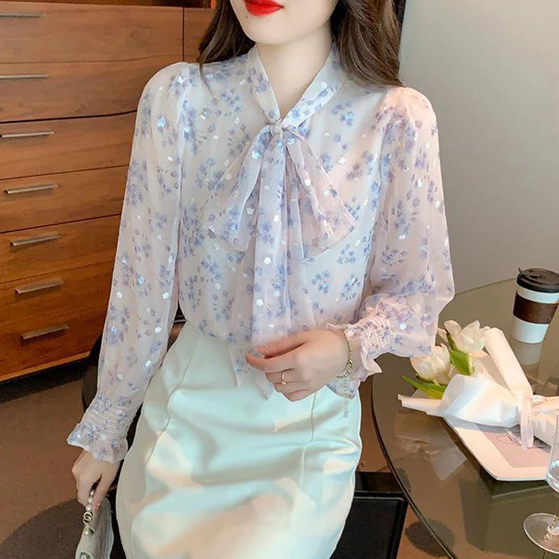 Women's Spring Autumn Bow Lace Up Chic Sweet Button Up Shirt Korean Fashion Print Chiffon Blouse Long Sleeve Tops Blusa Feminina