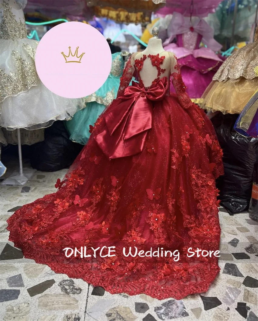 

Luxury Red Flower Girl Dresses For Wedding Tulle Long Sleeves Applique With Bow Birthday Party Robe First Communion Customized