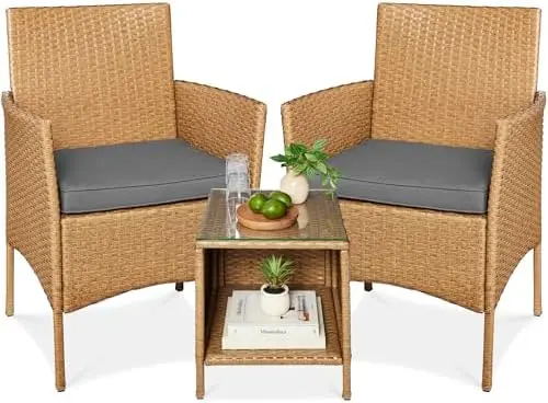 3-Piece Outdoor Wicker Conversation Bistro Set, Space Saving Patio Furniture for Garden w/Side Table - Natural/Gray