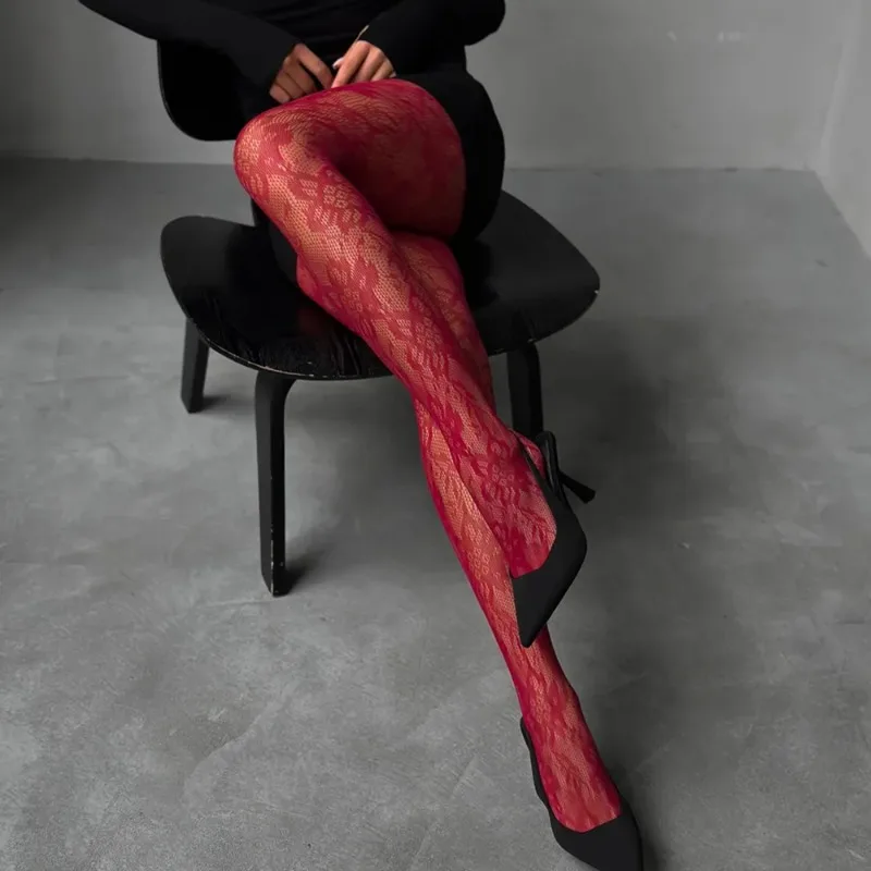 Talenza Red Hollow Fishnet Stockings Women Sexy Retro Spring Summer Slim Tights Y2k Party Super Elastic Lady Stockings Legginsy