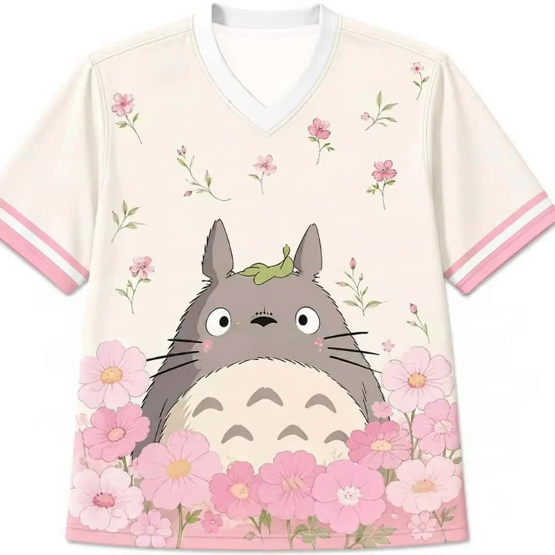 New Totoro V-neck Anime Character Street Fashion Quick Drying T-shirt, Unisex Plus Loose Harajuku Style Printed Sports T-shirt