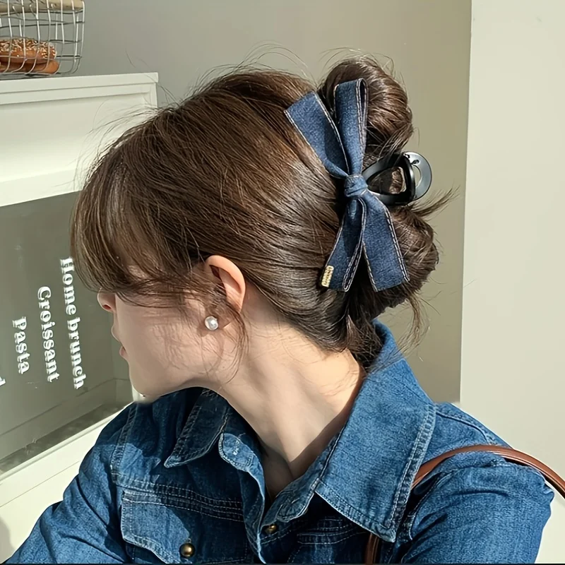 Haarspange aus Denim-Schleifenband, große Schleife, Haarklammer, rutschfeste Haarklammer, starker Halt, modische Haar-Accessoires für Frauen und Mädchen – Detail 4