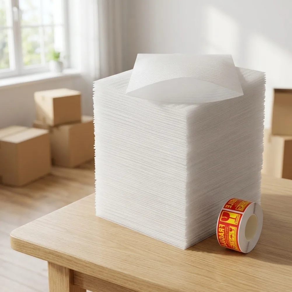 For Moving Packing Supplies 100pcs White Foam Pouches 30x30cm with Roll of Red Fragile Labels for Dishes Glasses Cups