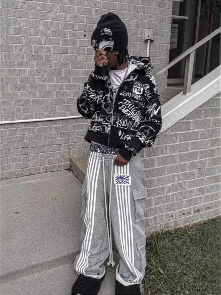 Double waist striped pants, fake two-piece spliced straight leg pants, hip-hop style casual sports pants for men and women