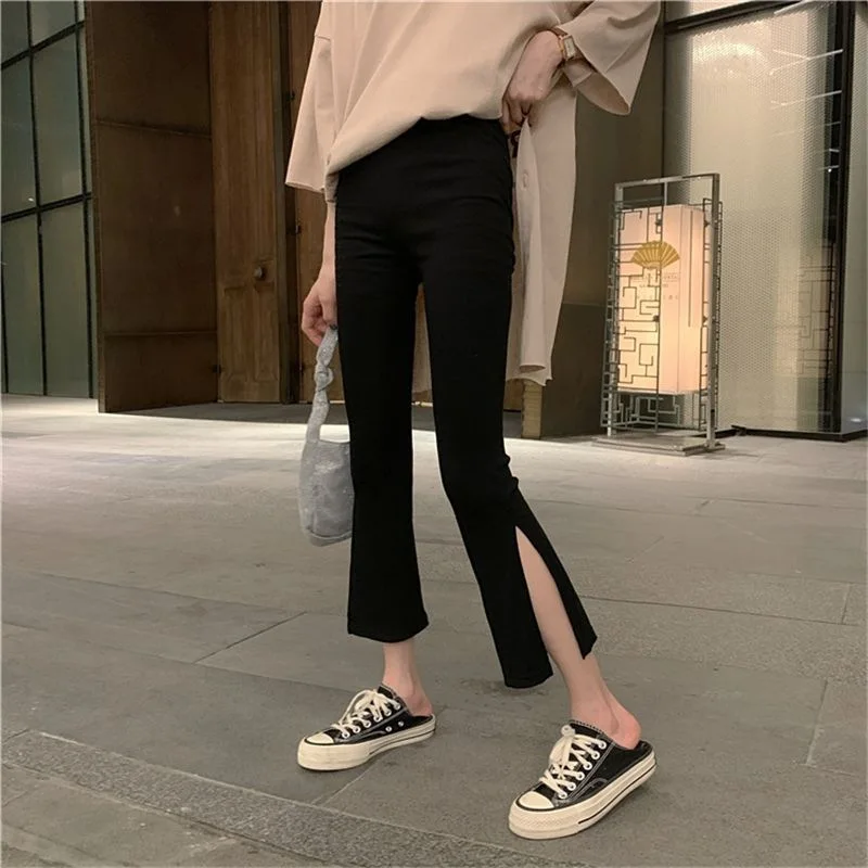 Summer Casual Fashion High Waisted Micro Horn Trousers Elastic Force Forking Cropped Pants Female Solid Color All-match Leggings