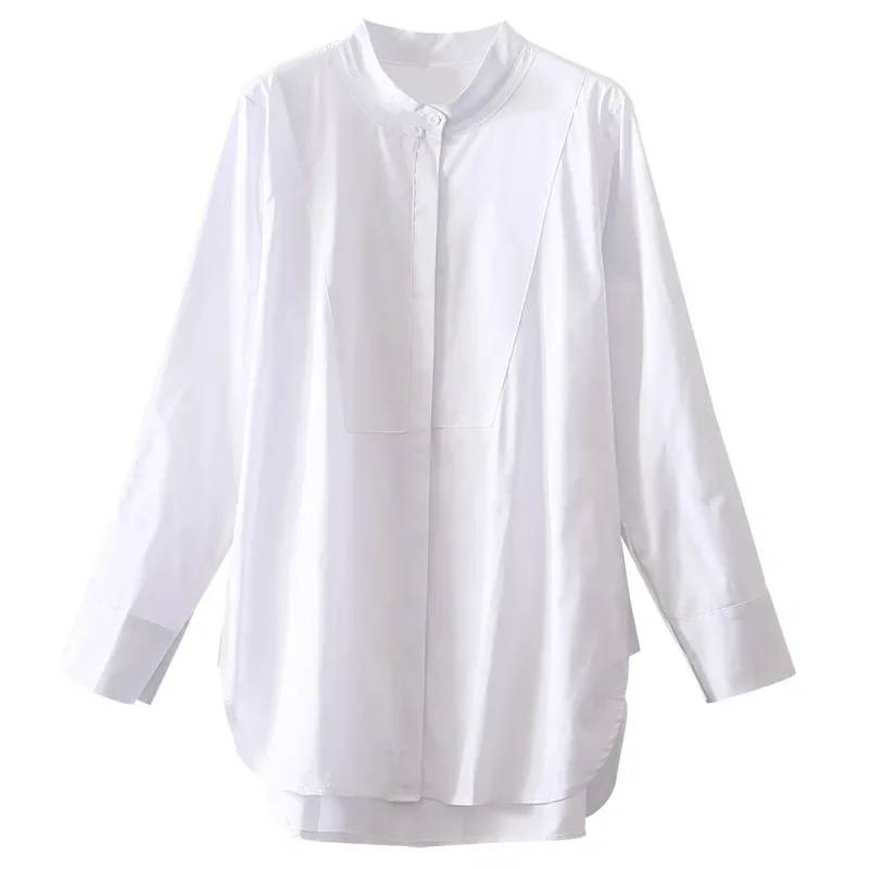 Women Shirt Stand Collar White Tops For Female Spring New In Curve Hem Patchwork Long Sleeve Stand Collar Large Plus Size Blouse