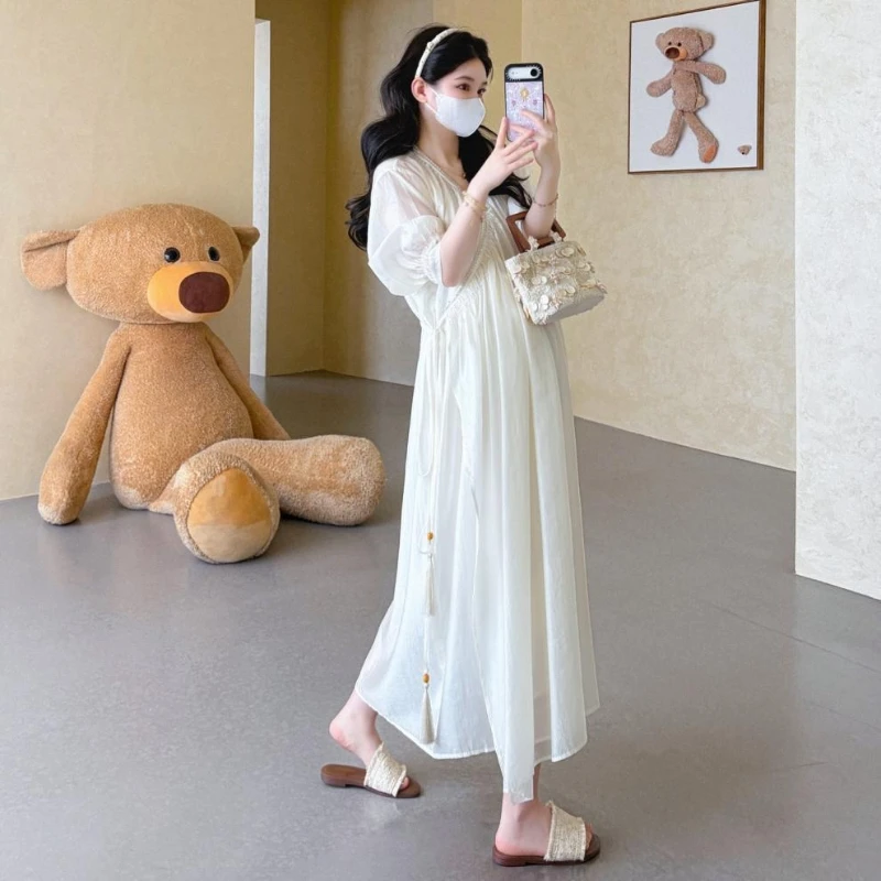 

Maternity Dress Summer Breathable Flowy Puff Sleeve V Neck Long Dress for Pregnant Women 2026 French Style