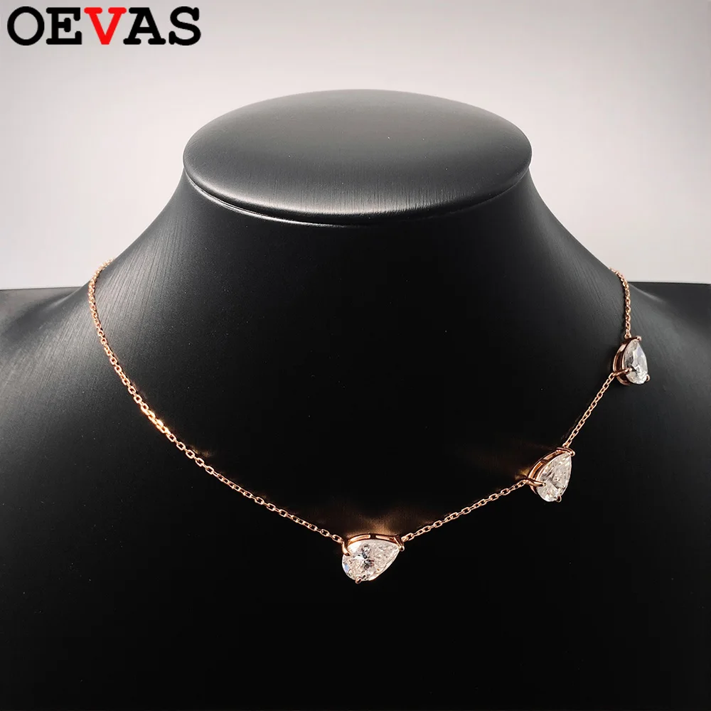 

OEVAS Waterdrop Moissanite 3 Stone Necklace For Women S925 Silver Plated 18K Gold Gradient Lab Diamond Chain Wedding Jewelry