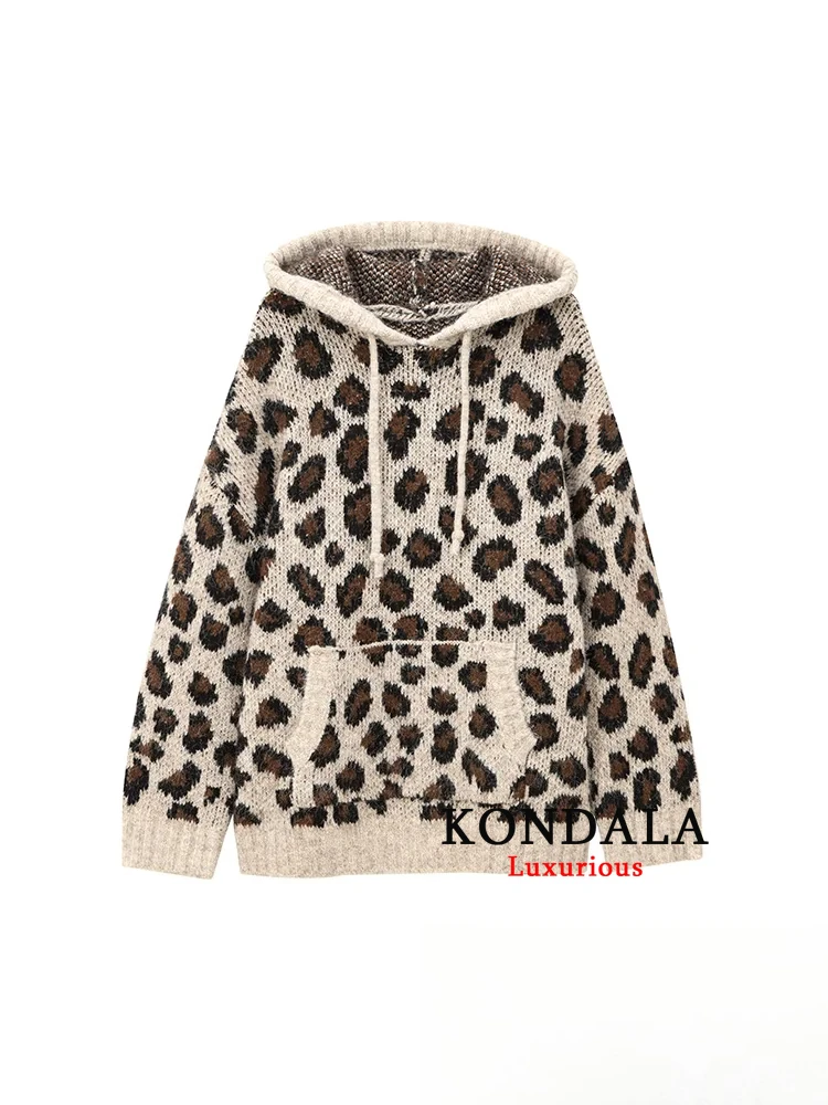 

KONDALA винтажный повседневный шикарный женский свитер с леопардовым принтом и капюшоном, вязаный свободный свитер с длинными рукавами, мода 2024, осенний праздничный свитер