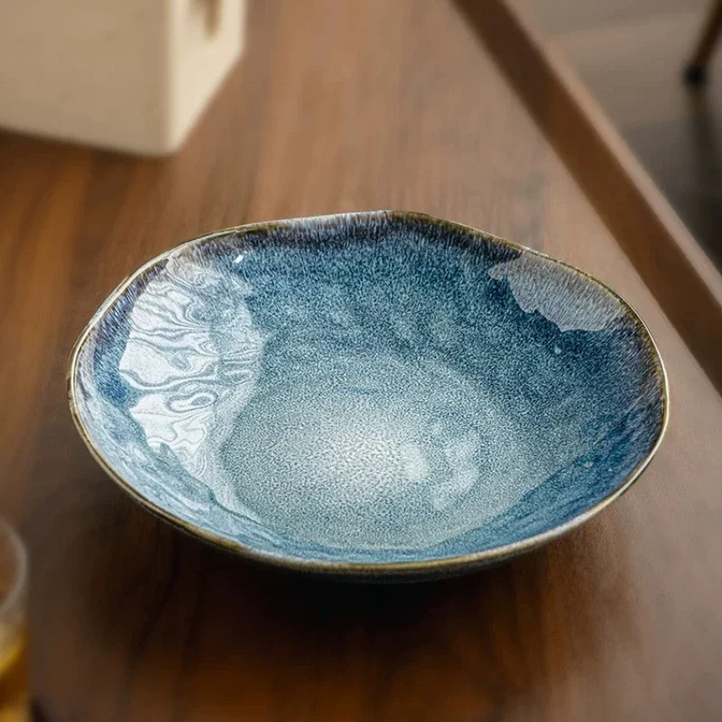 Elegant Gradient Deep Plate Irregular Ceramic Soup Plate Vintage Kiln Glaze Salad Fruit Serving Bowl Household Tableware