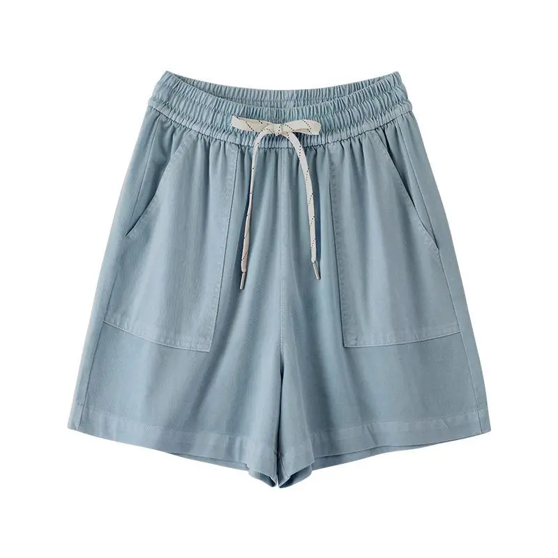 Vrouwen zomer dunne ijszijde denim shorts casual grote zakken trekkoord elastische taille korte jeans veelzijdige wijde pijpen hotpants