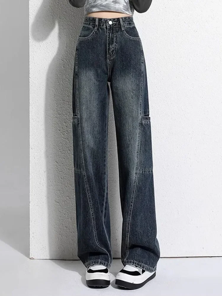 

Korean Vintage Baggy Jeans Cargo Chic Loose Streetwear Wide Leg Vaqueros 2025 Women Casual High Waist Straight Denim Pantalones