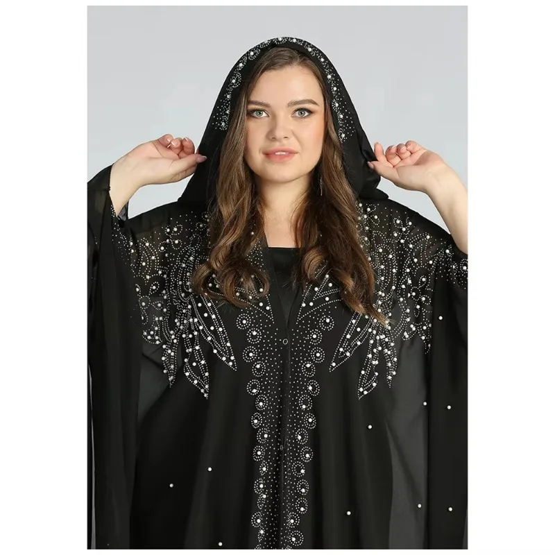 New Open Abaya Dubai Turchia Abito musulmano con cappuccio Donna Chiffon Caftano Perline Cardigan di lusso Plus Size Boubou Abbigliamento islamico