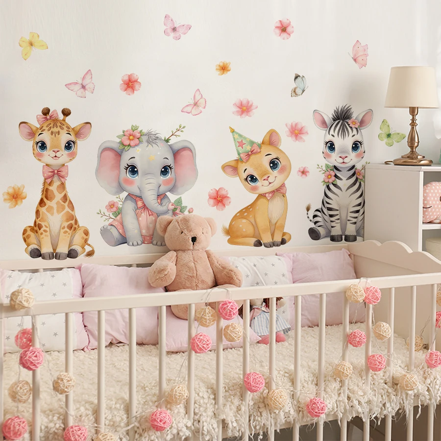 1/2 Blatt Wasserfarben-Wandaufkleber mit niedlichen Dschungeltieren, abnehmbare selbstklebende Wandkunst für Mädchenzimmer, Kinderzimmer-Dekoration